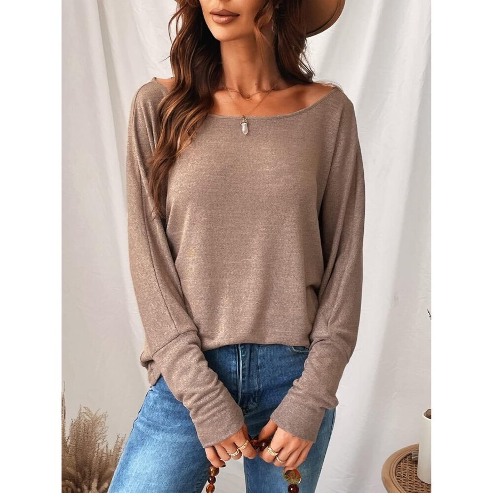 Women Long Sleeve Off Shoulder Knit Top Casual Loose Fit Solid Blouse - Picture 2 of 5